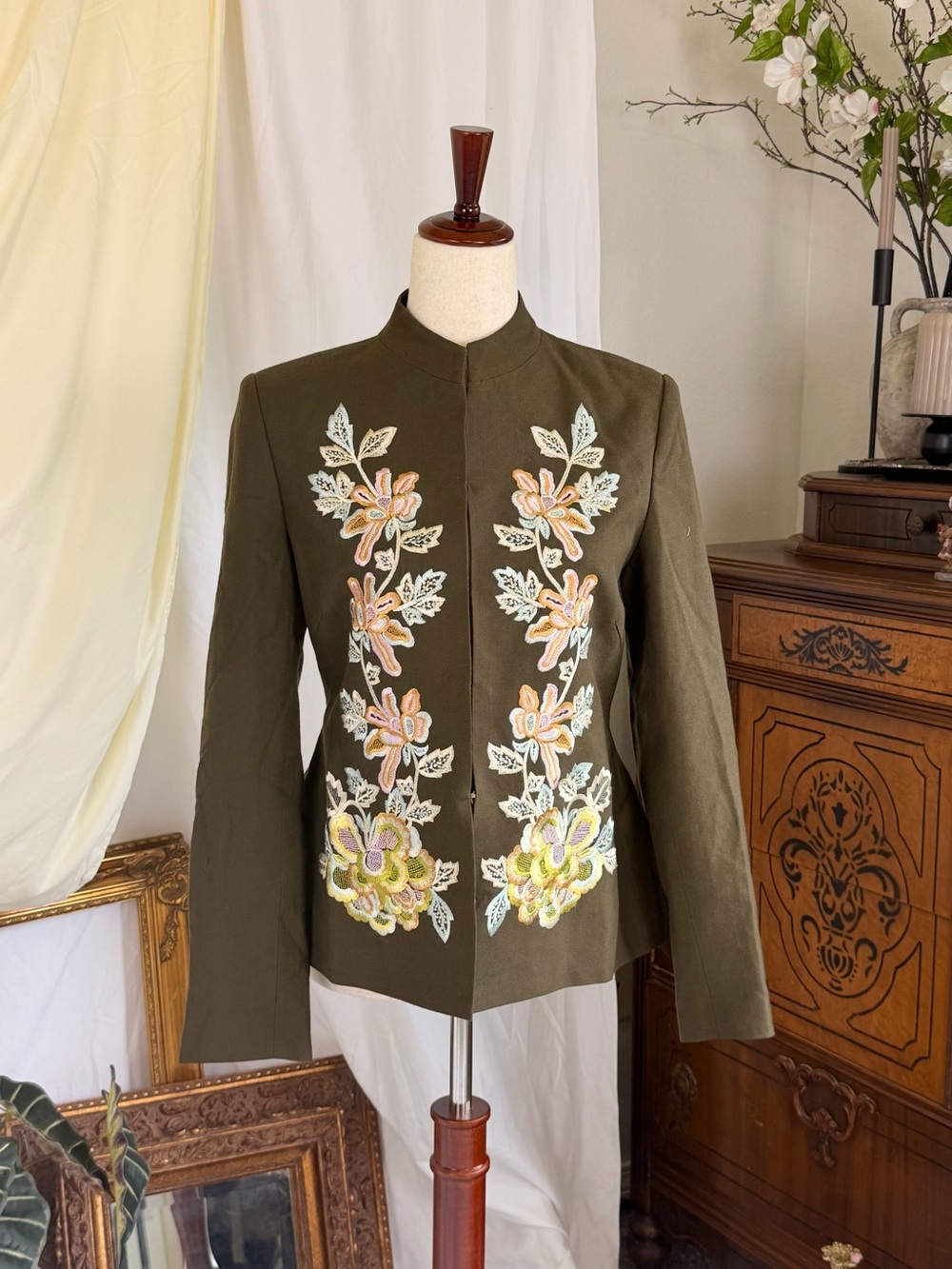 Vintage Wool Embroidered Floral Blazer Spiegel Olive Jacket Fairy Tailored
